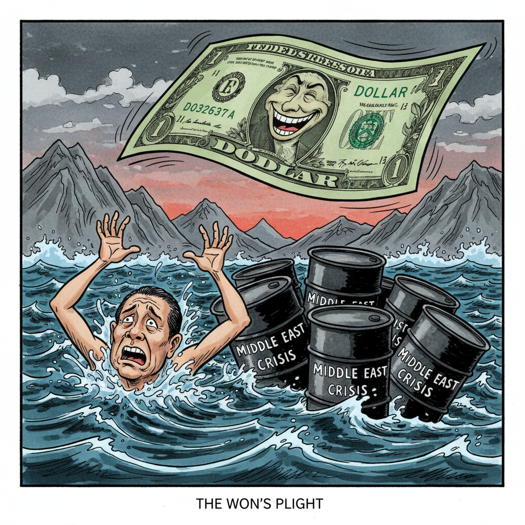 A satirical political cartoon showing the Korean won as a drowning person being pulled under by oil barrels labeled 'Middle East Crisis', while a giant dollar bill laughs from above, ink and watercolor style, editorial illustration, The Economist style