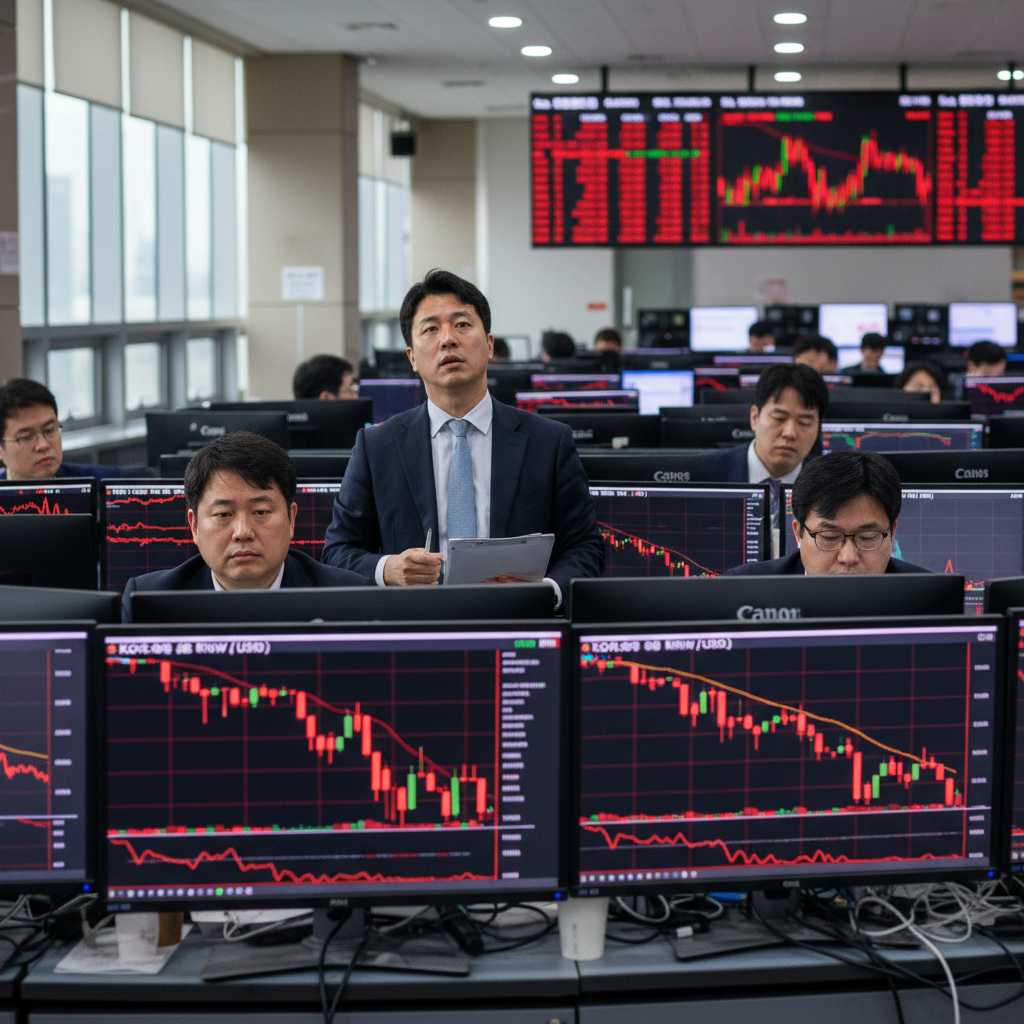 A real photograph of a tense trading floor in Seoul with multiple monitors showing red charts of won-dollar exchange rate, traders with concerned expressions, shot on Canon EOS R5, 85mm lens, shallow depth of field, natural lighting, 8k resolution, photojournalism