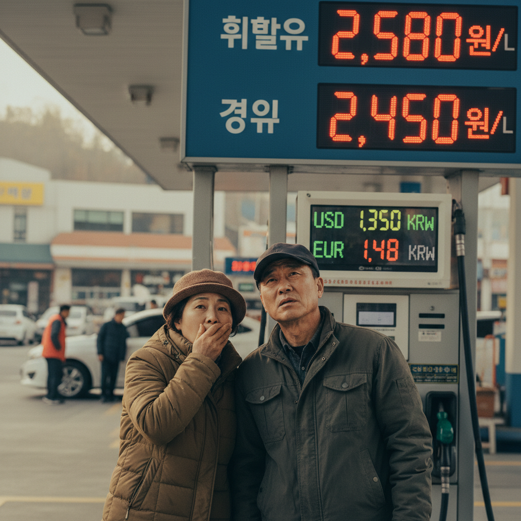 A documentary photograph of a middle-aged Korean couple looking worried at a gas station price board showing high fuel prices, with currency exchange rate displayed on a screen in background, shot on Fujifilm X-T5, 35mm lens, cinematic color grading, natural light, 8k, editorial photography