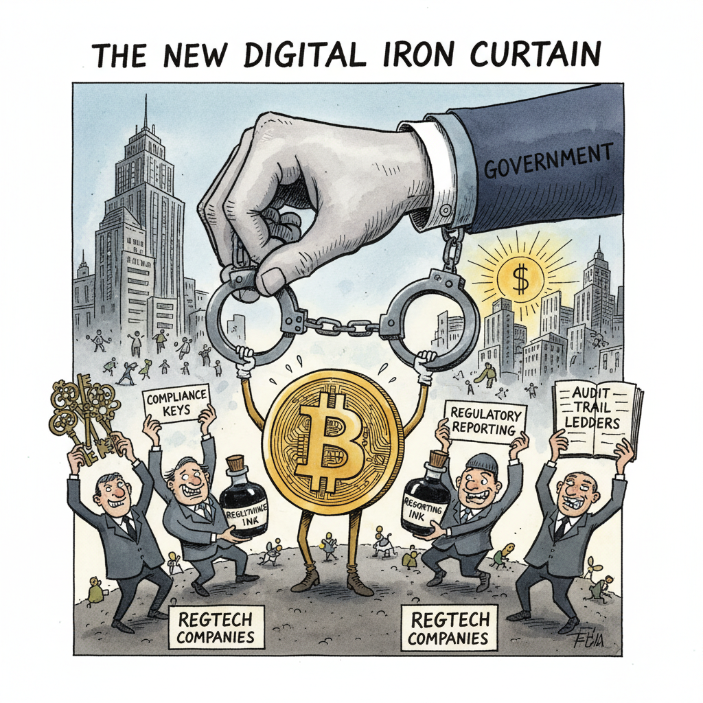 A satirical political cartoon showing a giant government hand putting handcuffs on a Bitcoin symbol while RegTech companies sell keys, ink and watercolor style, editorial illustration, The Economist style