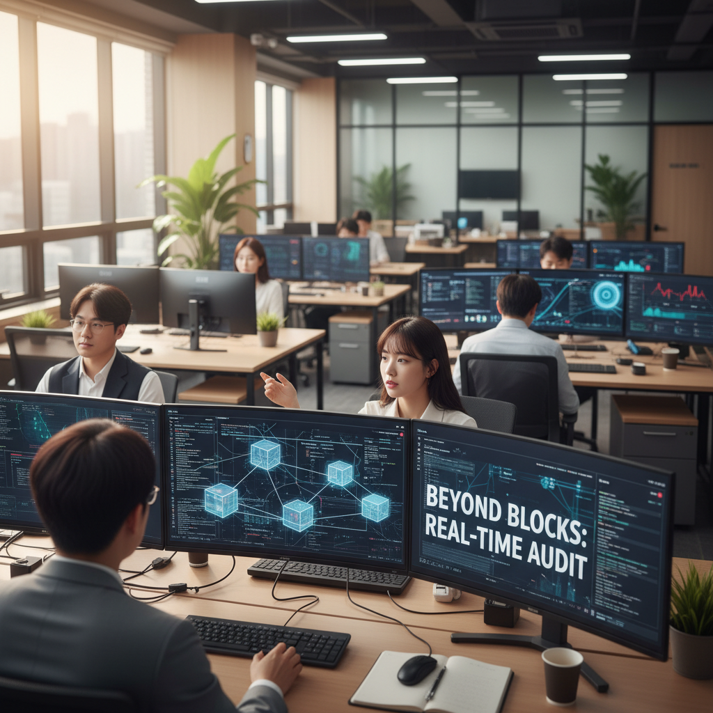 A real photograph of a modern Korean fintech office with analysts monitoring blockchain transaction data on multiple screens, shot on Canon EOS R5, 85mm lens, shallow depth of field, natural lighting, 8k resolution, photojournalism
