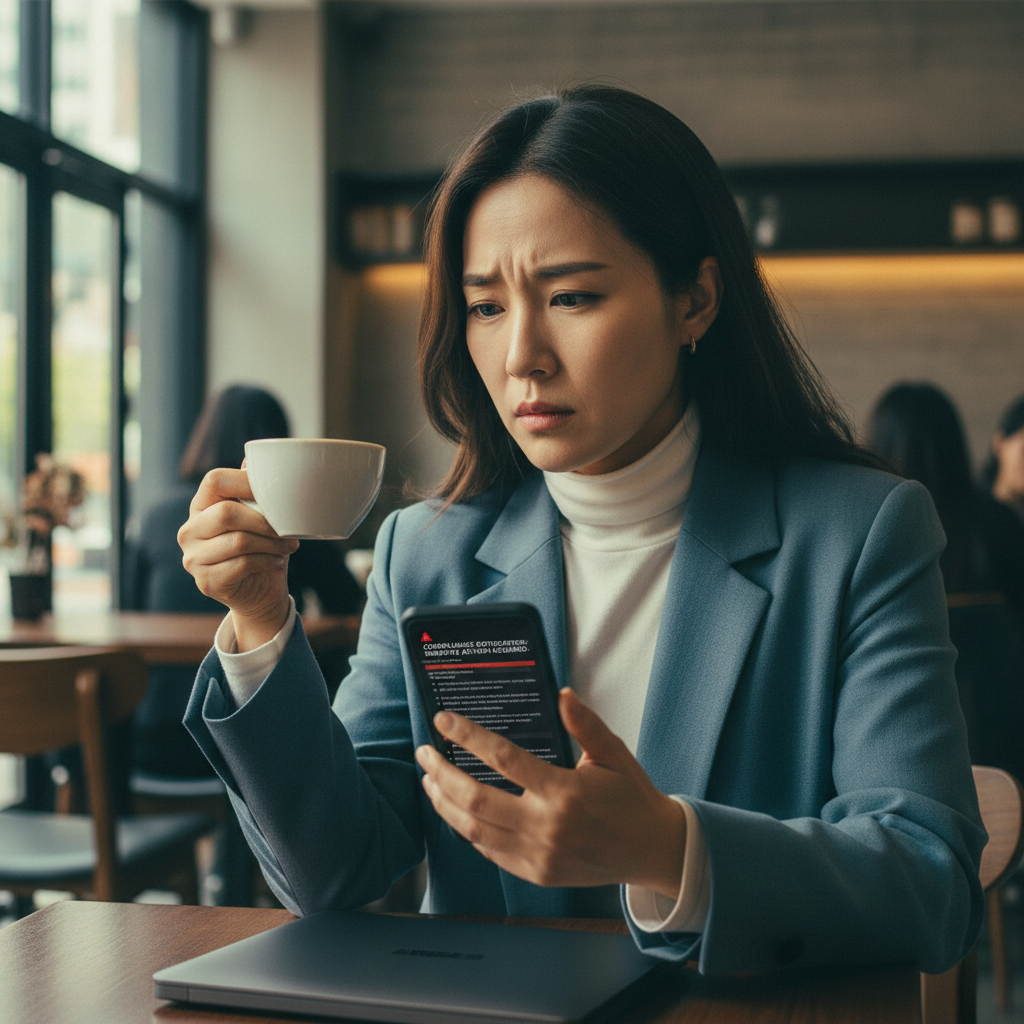 A documentary photograph of a cryptocurrency investor looking concerned while checking compliance notifications on smartphone in a Seoul cafe, shot on Fujifilm X-T5, 35mm lens, cinematic color grading, natural light, 8k, editorial photography