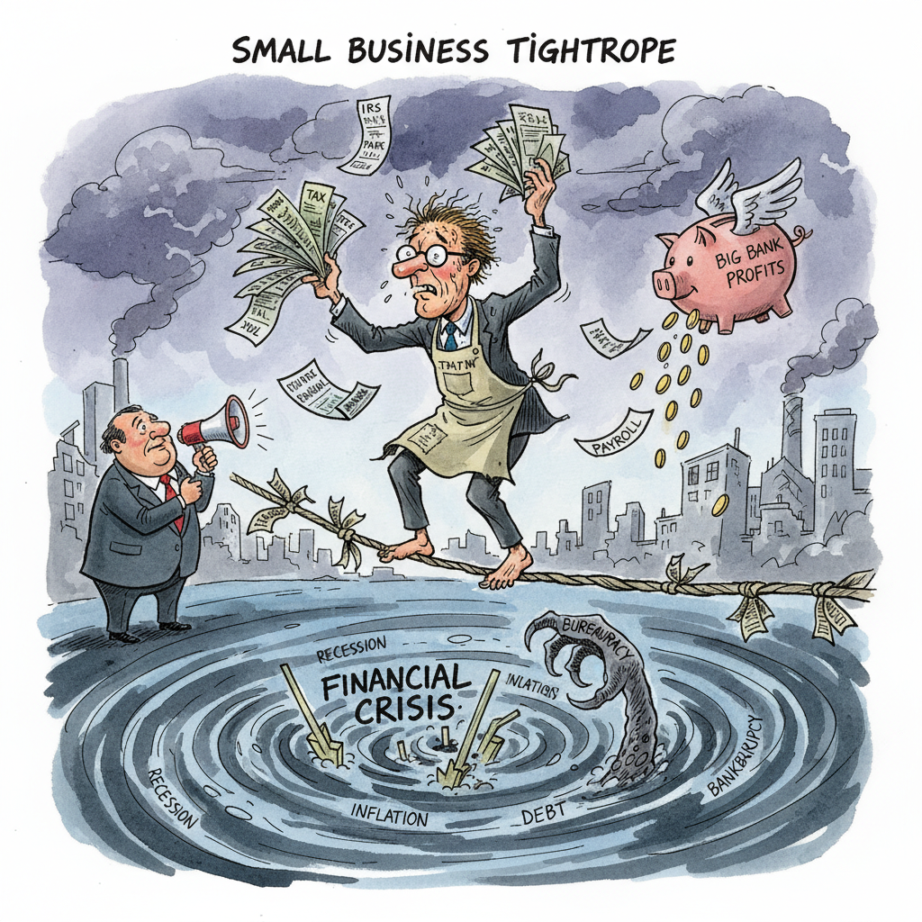 A satirical political cartoon showing a small business owner juggling tax documents while standing on a tightrope over financial crisis, ink and watercolor style, editorial illustration, The Economist style
