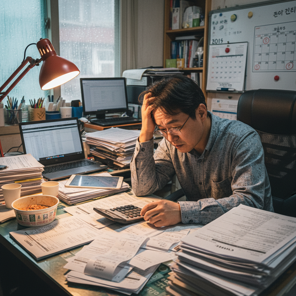 A real photograph of a stressed Korean small business owner reviewing tax documents at a cluttered desk late at night, shot on Canon EOS R5, 85mm lens, shallow depth of field, natural lighting, 8k resolution, photojournalism