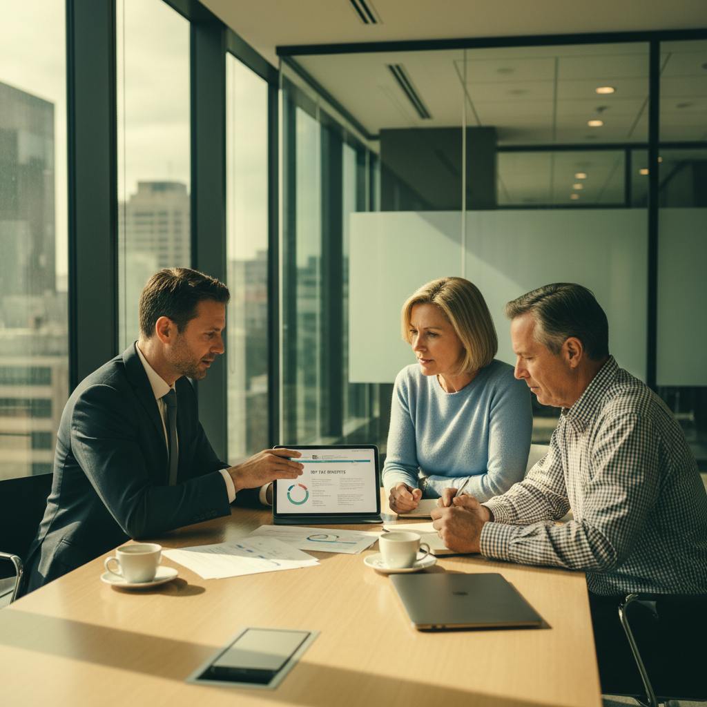 A documentary photograph of a financial advisor explaining IRP tax benefits to a middle-aged couple in a modern office, shot on Fujifilm X-T5, 35mm lens, cinematic color grading, natural light, 8k, editorial photography