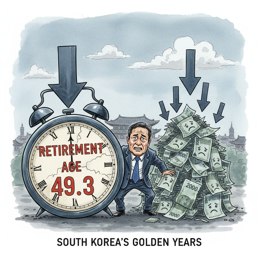 A satirical political cartoon showing a middle-aged Korean man being crushed between a giant clock labeled 'Retirement Age 49.3' and a pile of won bills with downward arrows, ink and watercolor style, editorial illustration, The Economist style