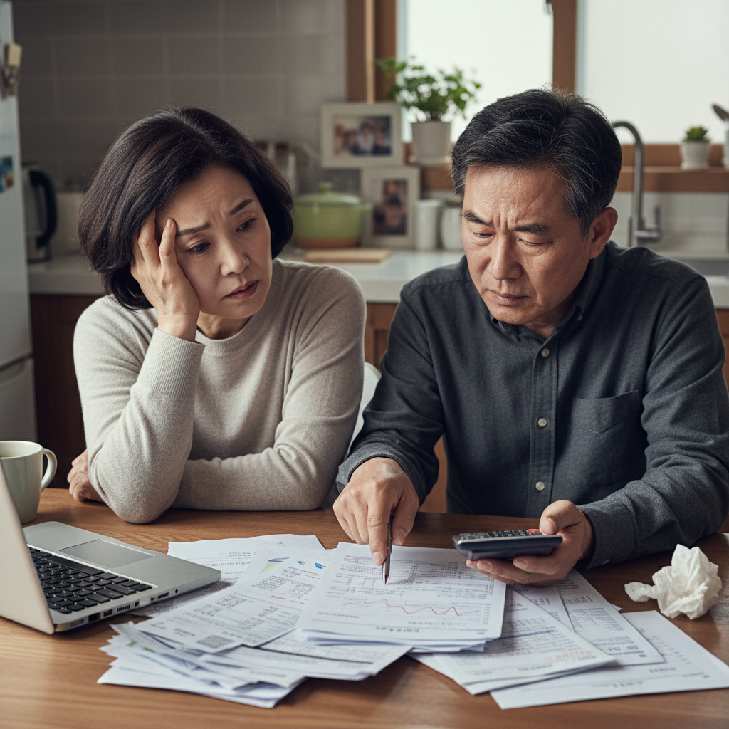 A real photograph of a Korean couple in their 50s looking stressed while reviewing financial documents at their kitchen table, calculator and bank statements visible, shot on Canon EOS R5, 85mm lens, shallow depth of field, natural lighting, 8k resolution, photojournalism