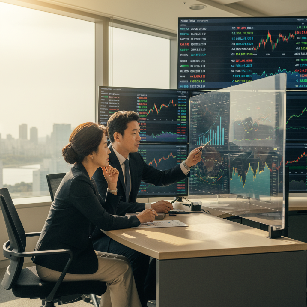 A documentary photograph of a financial advisor showing global investment charts to a middle-aged client in a Seoul office, with computer screens displaying exchange rates and stock markets, shot on Fujifilm X-T5, 35mm lens, cinematic color grading, natural light, 8k, editorial photography