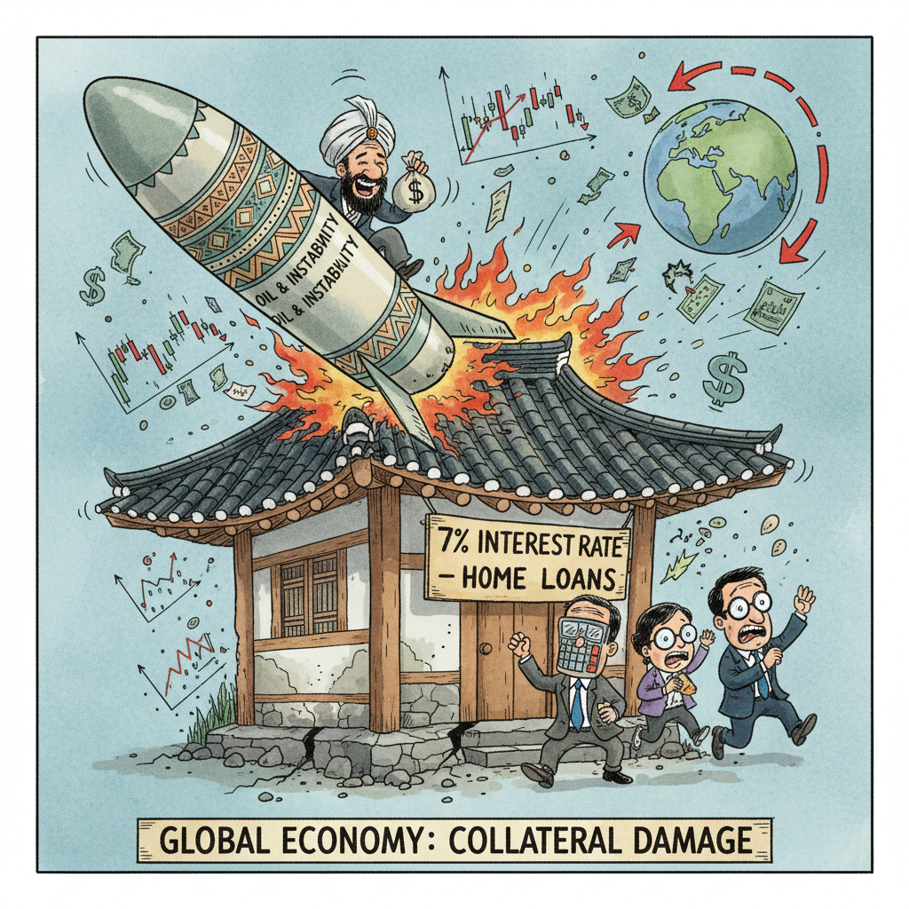 A satirical political cartoon showing a Middle Eastern missile hitting a Korean house with 7% interest rate sign, ink and watercolor style, editorial illustration, The Economist style