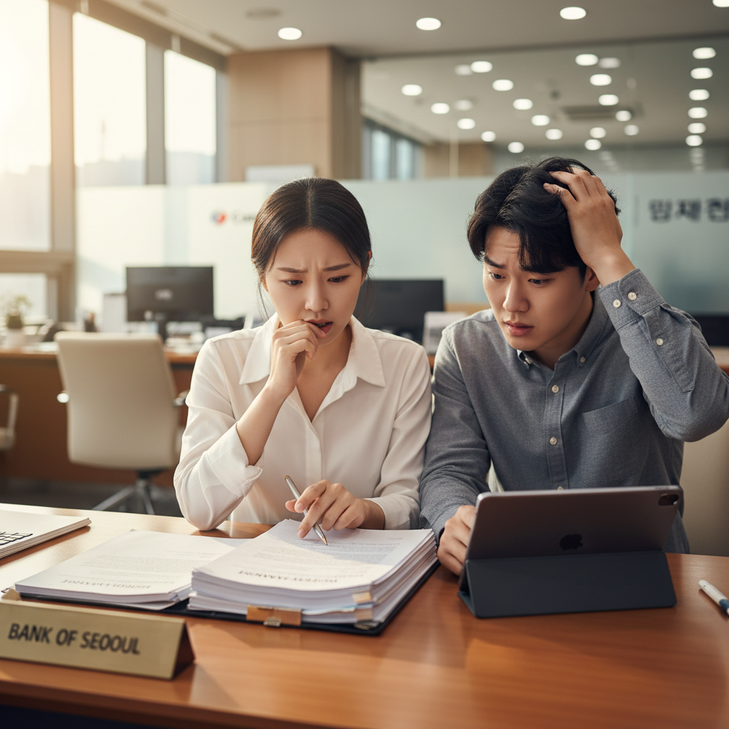 A real photograph of a young Korean couple looking stressed while reviewing mortgage documents at a bank desk, shot on Canon EOS R5, 85mm lens, shallow depth of field, natural lighting, 8k resolution, photojournalism