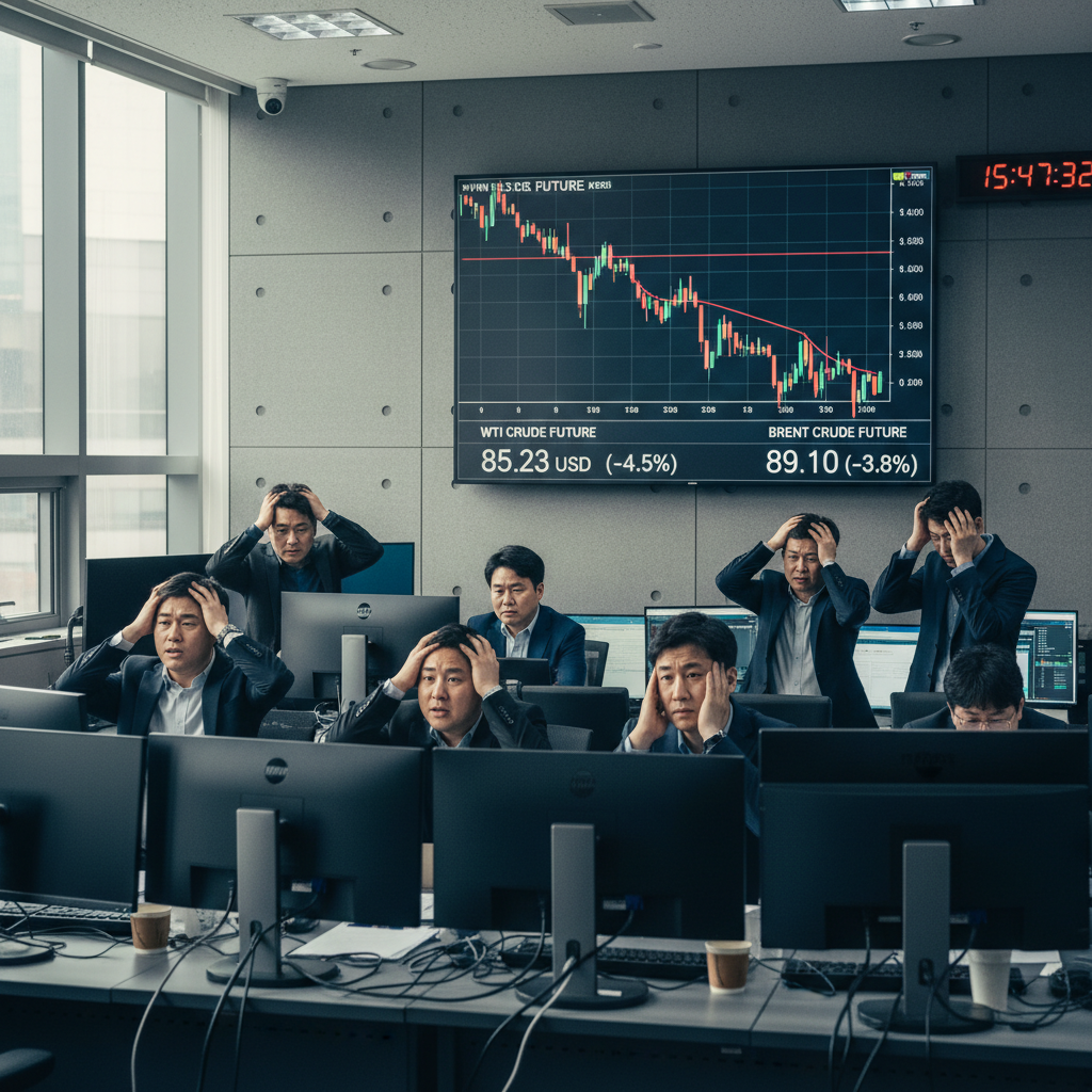 A documentary photograph of an oil price chart display in a Seoul trading room with worried analysts watching, shot on Fujifilm X-T5, 35mm lens, cinematic color grading, natural light, 8k, editorial photography