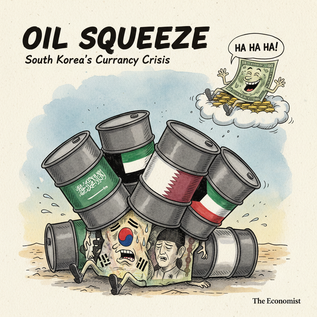 A satirical political cartoon showing the South Korean won being crushed by oil barrels with Middle Eastern flags, while a US dollar bill laughs from above, ink and watercolor style, editorial illustration, The Economist style