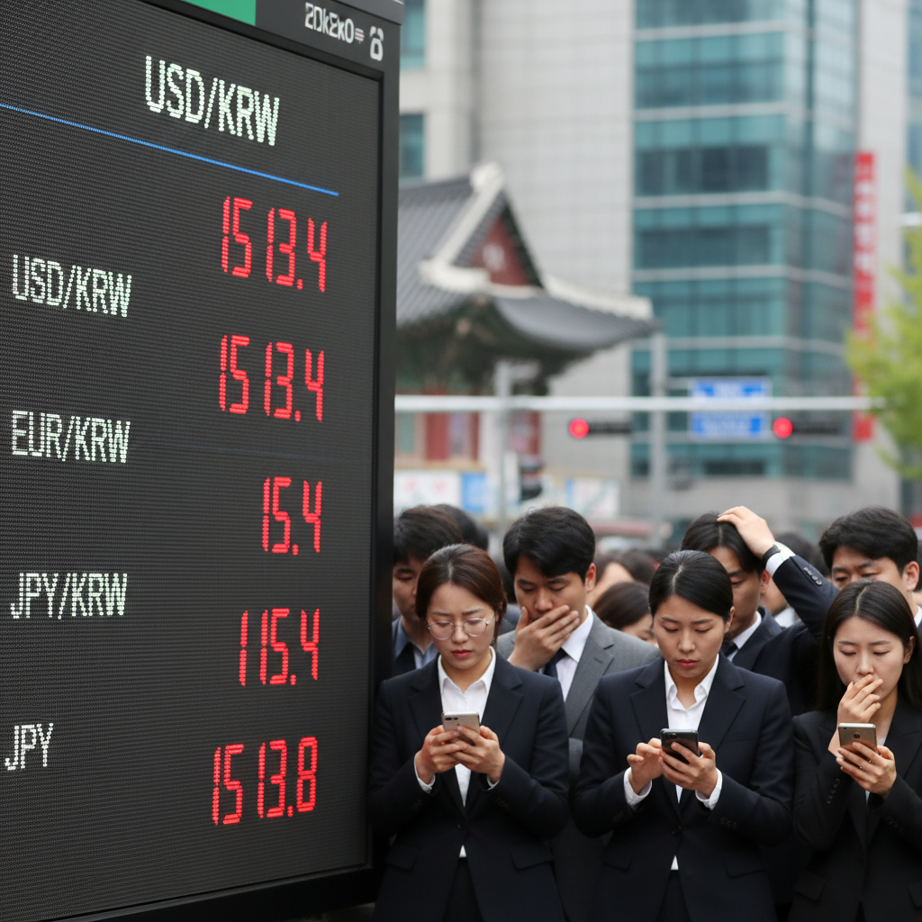 A real photograph of a currency exchange board in Seoul showing USD/KRW at 1513.4 with worried Korean office workers checking their phones, shot on Canon EOS R5, 85mm lens, shallow depth of field, natural lighting, 8k resolution, photojournalism