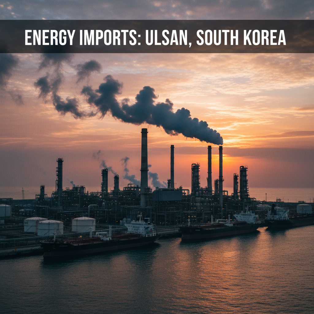A documentary photograph of an oil refinery in Ulsan South Korea with rising smoke stacks against sunset sky, showing Korea's energy import dependency, shot on Fujifilm X-T5, 35mm lens, cinematic color grading, natural light, 8k, editorial photography