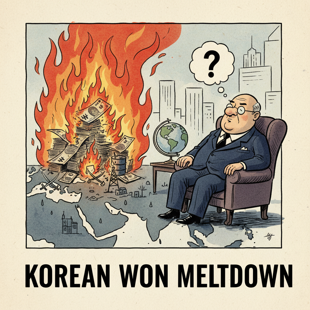 A satirical political cartoon showing the Korean won being burned by flames from the Middle East while a central banker watches indifferently, ink and watercolor style, editorial illustration, The Economist style