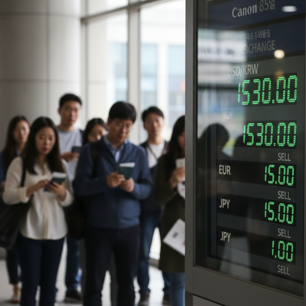 A real photograph of a currency exchange board in Seoul showing 1530 won per dollar, with anxious customers in the background, shot on Canon EOS R5, 85mm lens, shallow depth of field, natural lighting, 8k resolution, photojournalism