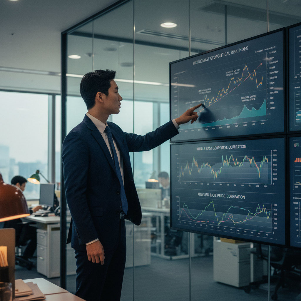 A documentary photograph of a Korean financial analyst pointing at charts showing Middle East geopolitical risk indicators and exchange rate correlations, in a modern Seoul office, shot on Fujifilm X-T5, 35mm lens, cinematic color grading, natural light, 8k, editorial photography