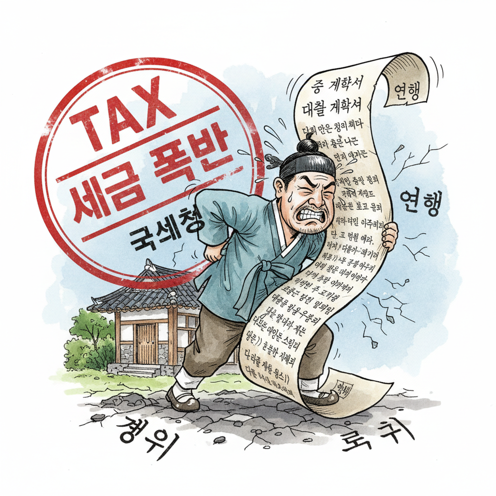 A satirical political cartoon showing a Korean homeowner being squeezed between a giant tax stamp and a loan document vice, ink and watercolor style, editorial illustration, The Economist style