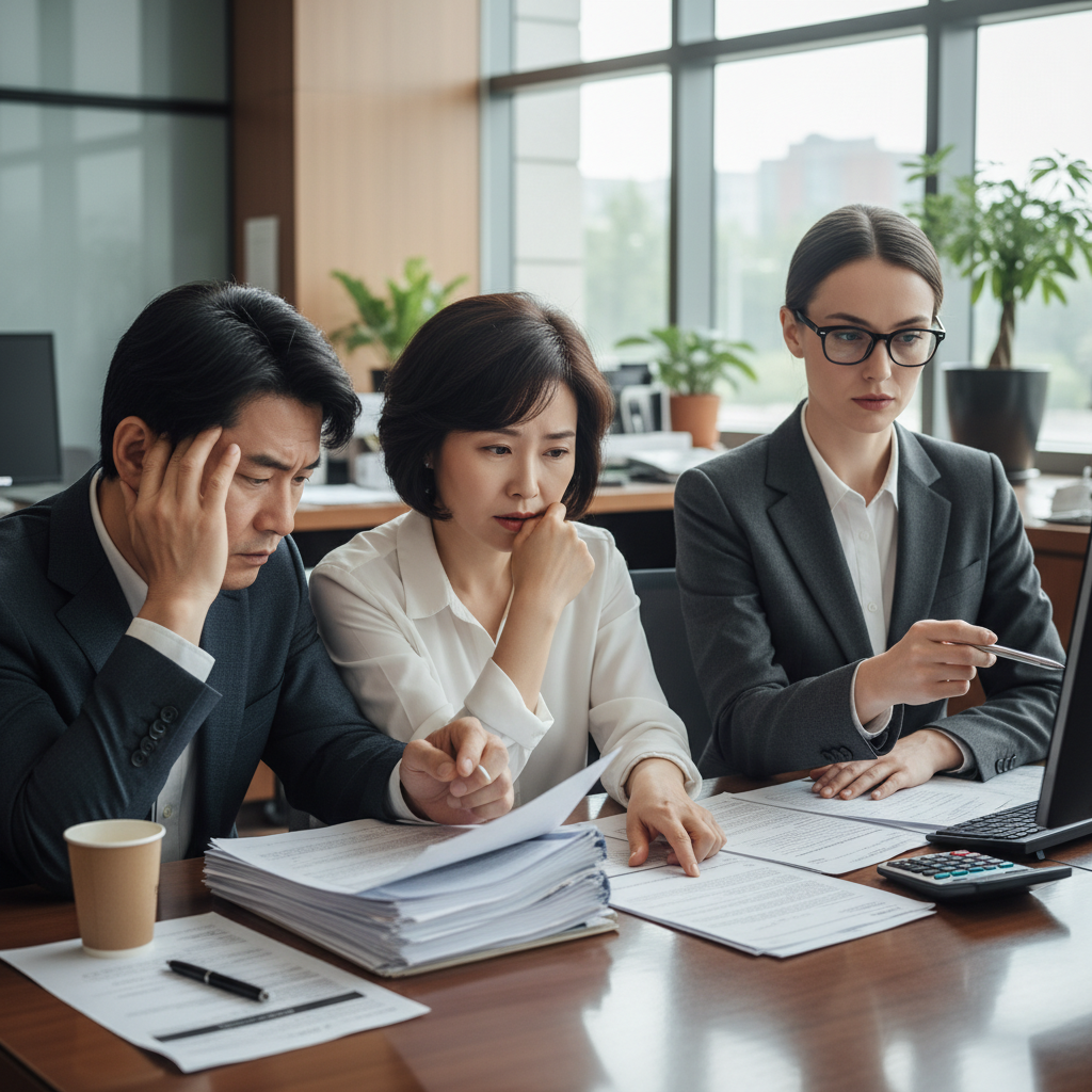 A real photograph of a stressed middle-aged Korean couple reviewing mortgage documents at a bank desk with a stern-looking loan officer, shot on Canon EOS R5, 85mm lens, shallow depth of field, natural lighting, 8k resolution, photojournalism