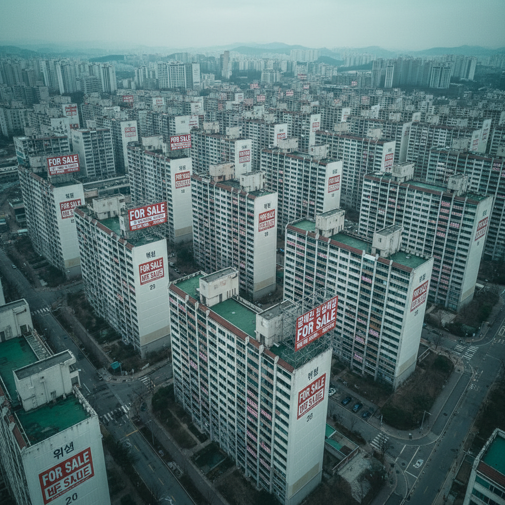 A documentary photograph of an aerial view of empty apartment complexes in Seoul with 'For Sale' signs everywhere, shot on Fujifilm X-T5, 35mm lens, cinematic color grading, natural light, 8k, editorial photography