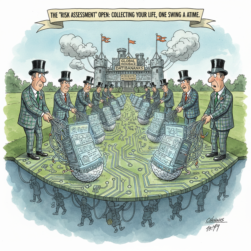 A satirical political cartoon showing insurance companies as data collectors on a golf course, with golfers swinging clubs that are actually data cables connected to servers, ink and watercolor style, editorial illustration, The Economist style