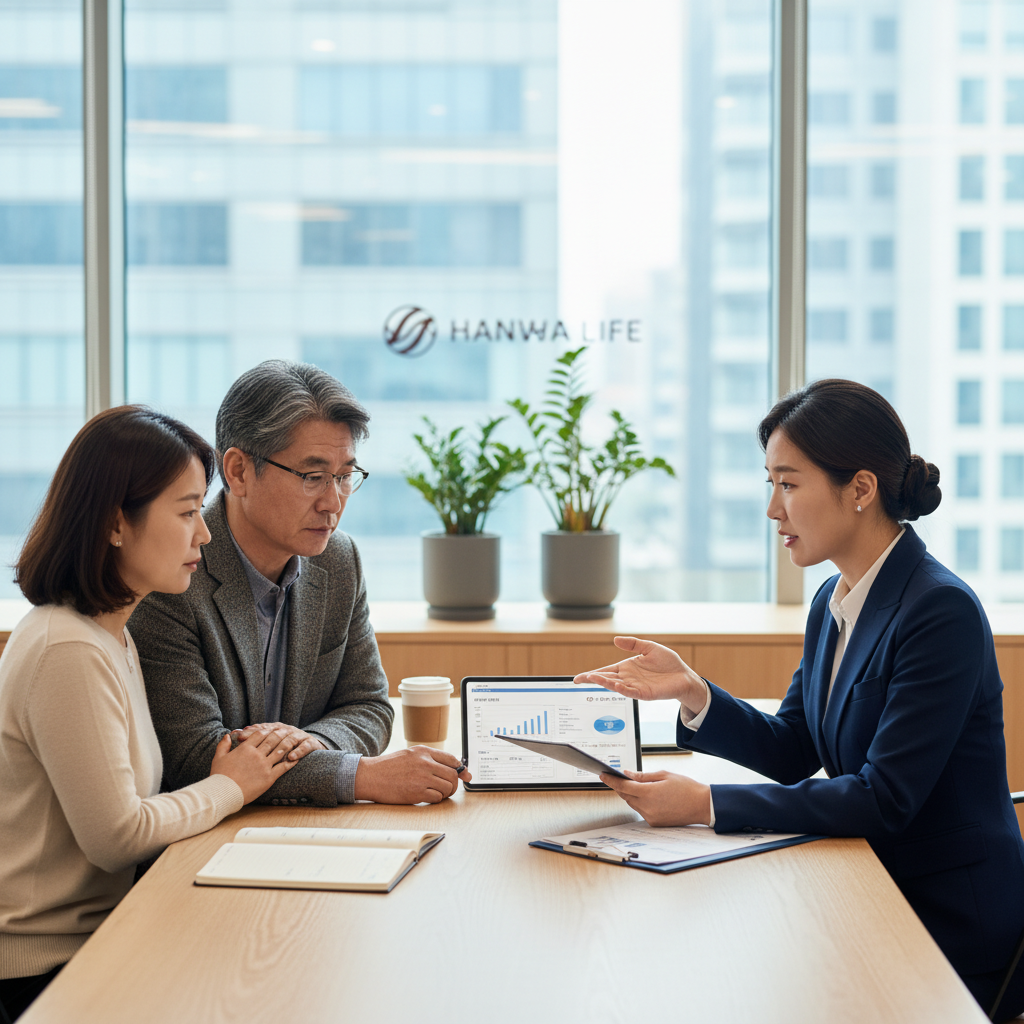 A real photograph of a Korean insurance agent discussing policy details with a middle-aged couple in a modern insurance office, shot on Canon EOS R5, 85mm lens, shallow depth of field, natural lighting, 8k resolution, photojournalism