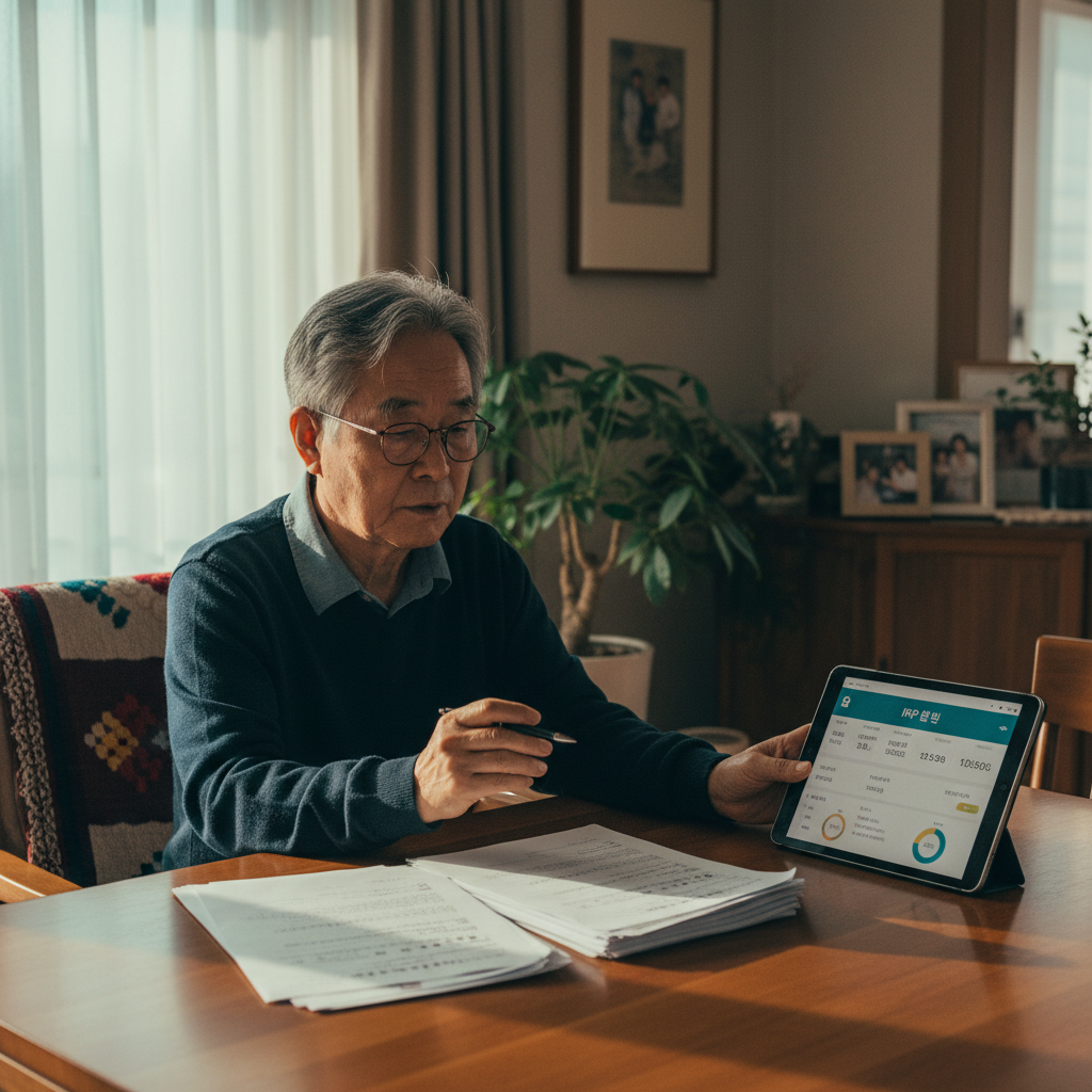 A documentary photograph of an elderly Korean person reviewing retirement pension documents at home with a tablet showing IRP account details, shot on Fujifilm X-T5, 35mm lens, cinematic color grading, natural light, 8k, editorial photography