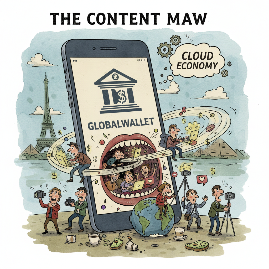 A satirical political cartoon showing a giant smartphone with a bank logo devouring small digital nomads who are creating content, ink and watercolor style, editorial illustration, The Economist style