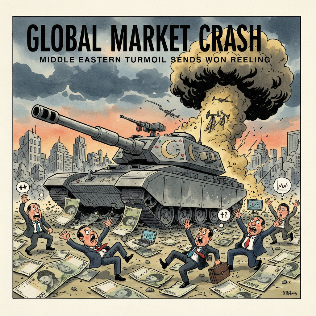 A satirical political cartoon showing a giant Middle Eastern war tank crushing Korean won currency notes, with forex traders running in panic, ink and watercolor style, editorial illustration, The Economist style