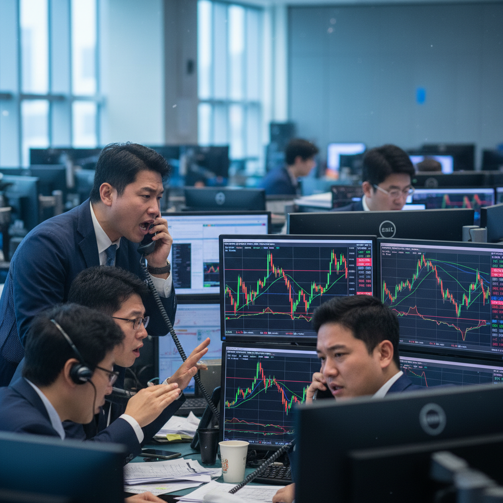 A real photograph of a tense foreign exchange trading floor in Seoul with multiple monitors showing volatile USD/KRW charts, traders making urgent phone calls, shot on Canon EOS R5, 85mm lens, shallow depth of field, natural lighting, 8k resolution, photojournalism