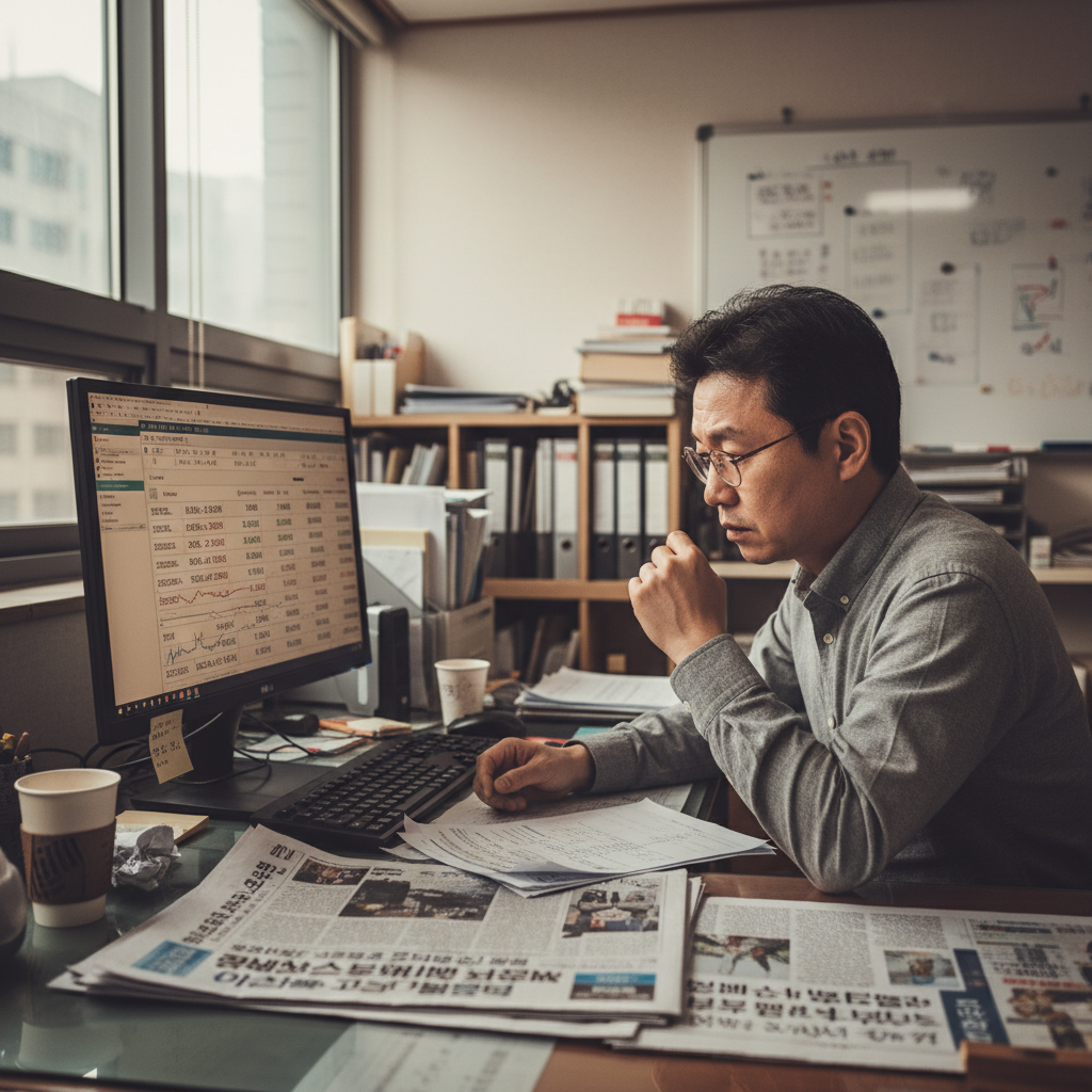 A documentary photograph of a Korean export-import business owner worriedly checking currency exchange rates on computer while holding invoices, office setting with economic newspapers on desk, shot on Fujifilm X-T5, 35mm lens, cinematic color grading, natural light, 8k, editorial photography