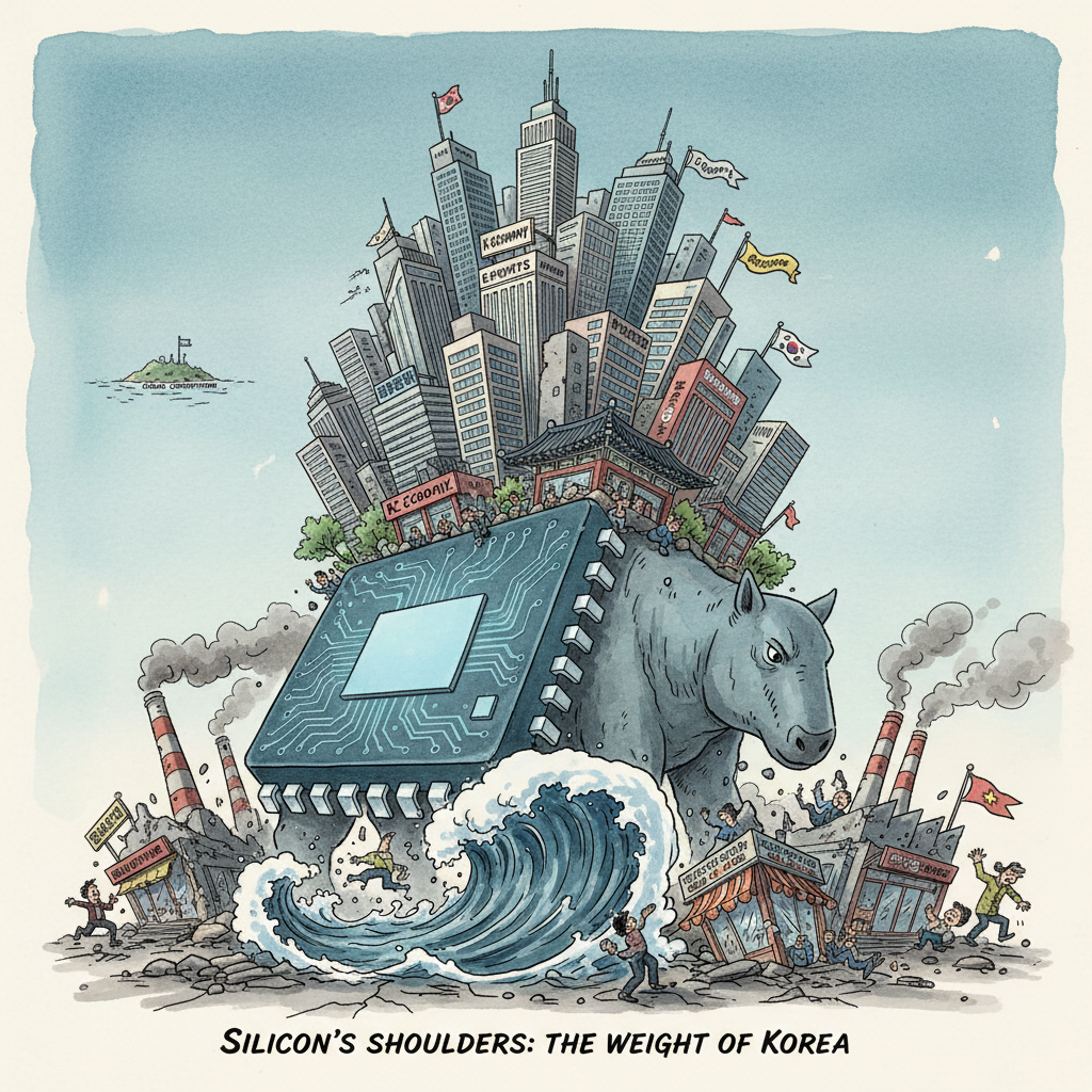 A satirical political cartoon showing a giant semiconductor chip carrying the entire South Korean economy on its back while other industries collapse, ink and watercolor style, editorial illustration, The Economist style