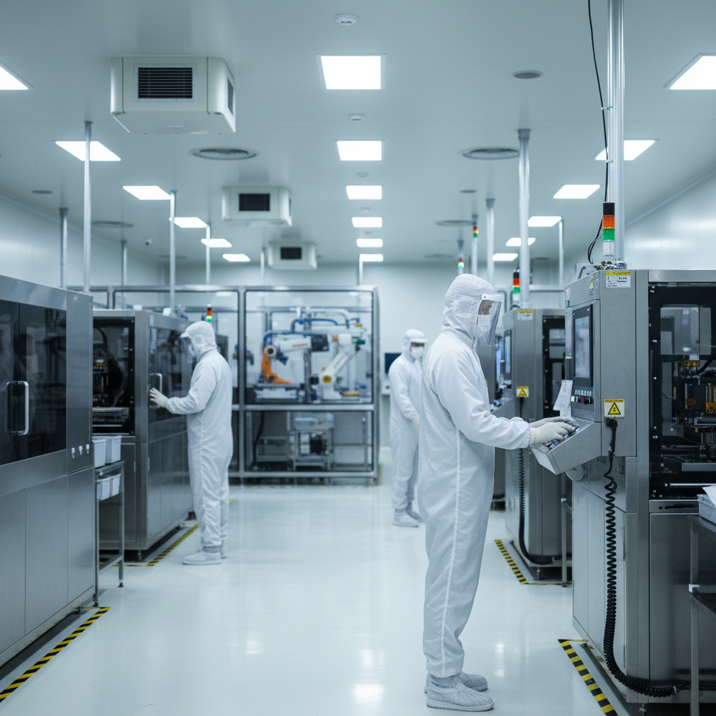 A real photograph of a modern semiconductor factory in South Korea with clean room technicians in protective suits, shot on Canon EOS R5, 85mm lens, shallow depth of field, natural lighting, 8k resolution, industrial photography