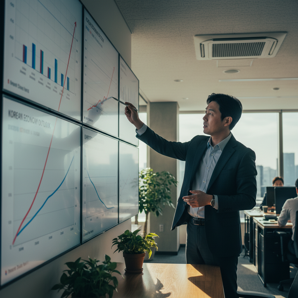 A documentary photograph of a Korean financial analyst pointing at multiple economic indicator charts showing divergence between export and domestic consumption data, shot on Fujifilm X-T5, 35mm lens, cinematic color grading, natural light, 8k, editorial photography