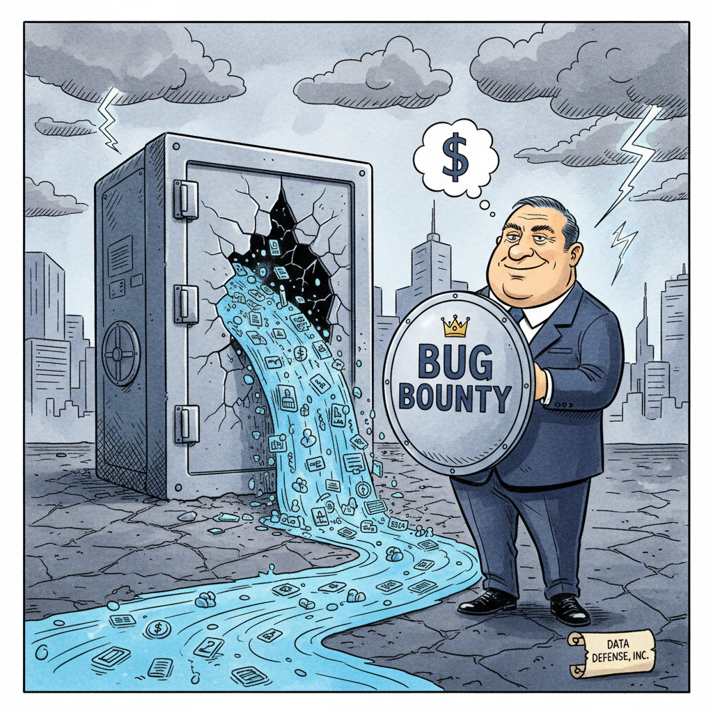 A satirical political cartoon showing an insurance company CEO holding a 'Bug Bounty' shield while customer data leaks from a broken digital vault in the background, ink and watercolor style, editorial illustration, The Economist style