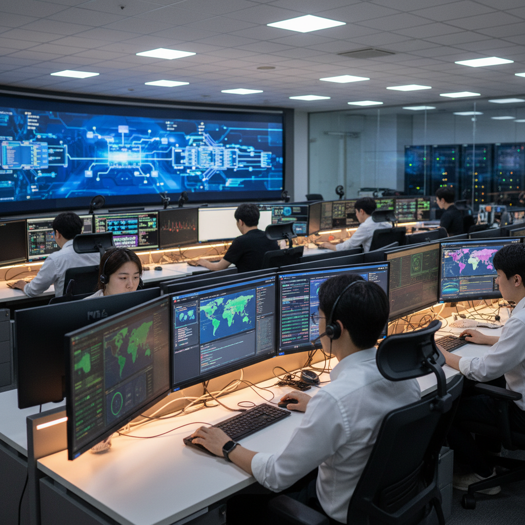 A real photograph of a Korean insurance company's cybersecurity operations center with multiple monitors showing threat detection dashboards, security analysts working at desks, shot on Sony A7IV, 35mm lens, shallow depth of field, professional lighting, 8k resolution, photojournalism