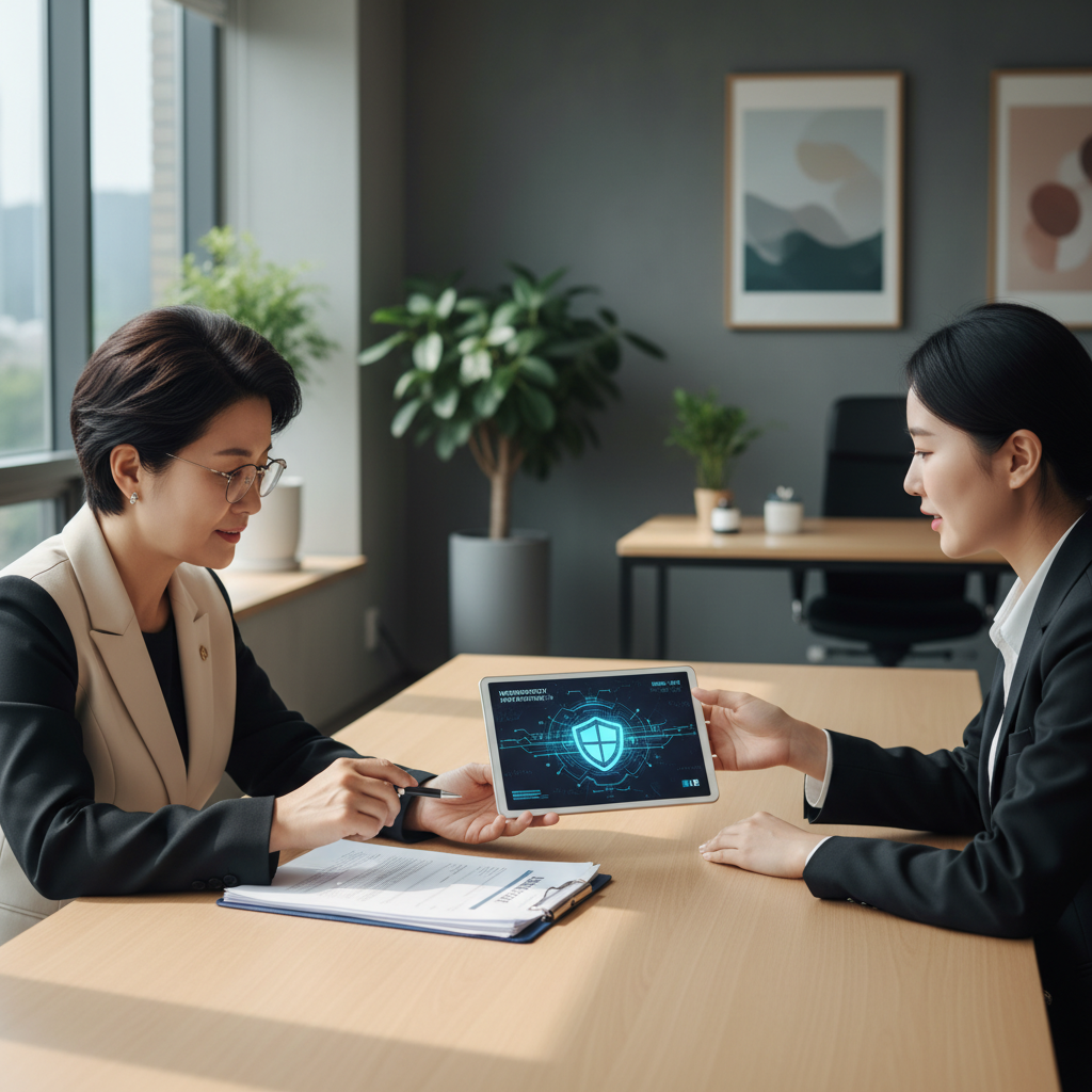 A documentary photograph of a middle-aged Korean couple reviewing insurance documents with a digital tablet showing cybersecurity features at an insurance office, natural window lighting, shot on Canon EOS R5, 85mm lens, shallow depth of field, 8k, editorial photography