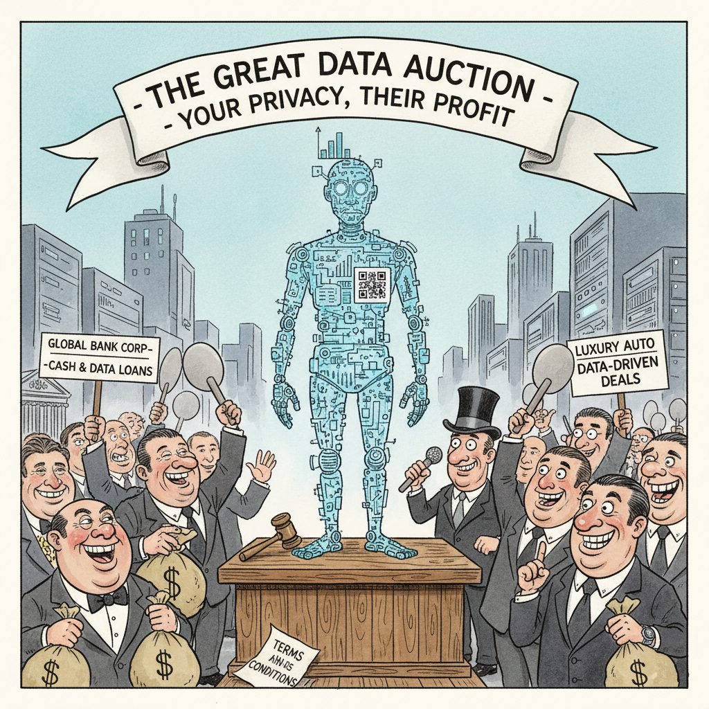 A satirical political cartoon showing a person made of data being sold at an auction, with bankers and car dealers bidding, ink and watercolor style, editorial illustration, The Economist style