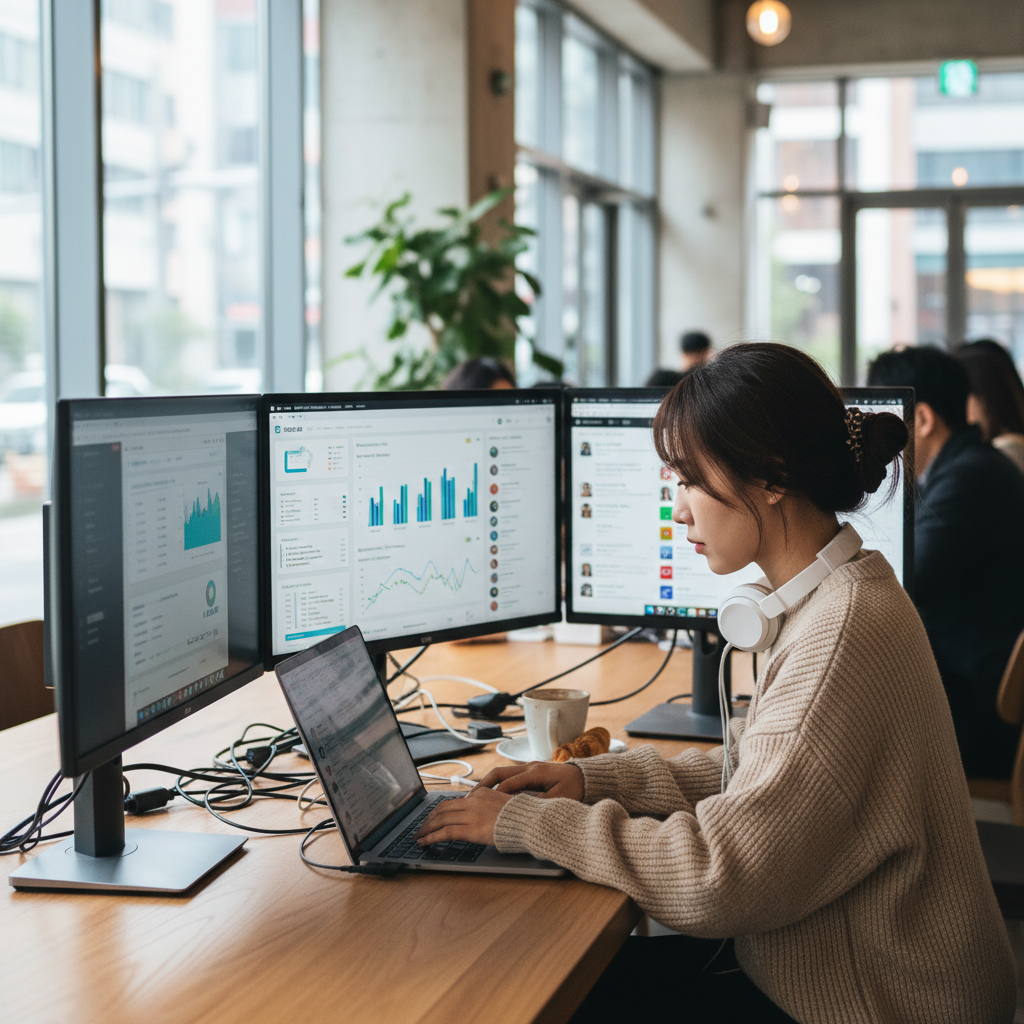 A real photograph of a young Korean freelancer working on laptop in a modern cafe, surrounded by multiple screens showing analytics dashboards and social media metrics, shot on Canon EOS R5, 85mm lens, shallow depth of field, natural lighting, 8k resolution, photojournalism