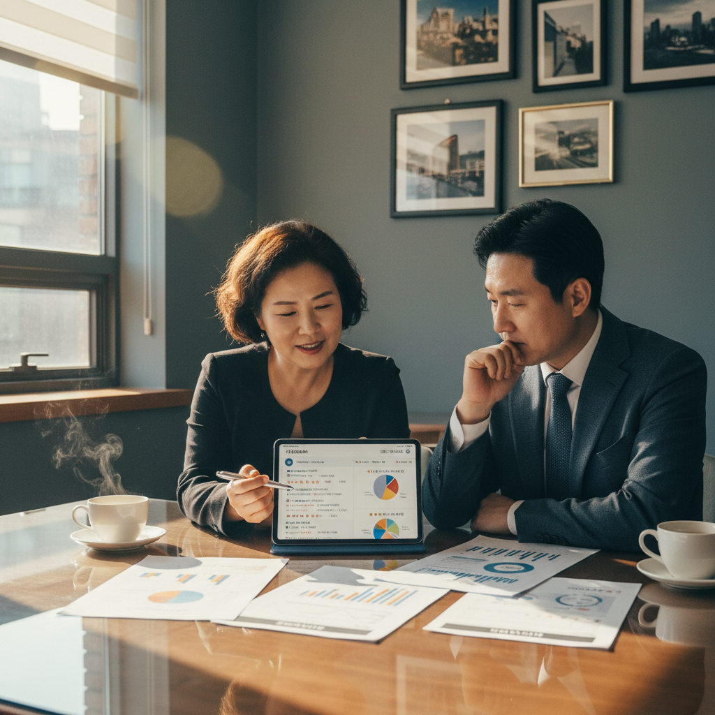 A documentary photograph of a Korean small business owner meeting with a bank loan officer, reviewing documents that show social media analytics and online reviews data, shot on Fujifilm X-T5, 35mm lens, cinematic color grading, natural light, 8k, editorial photography