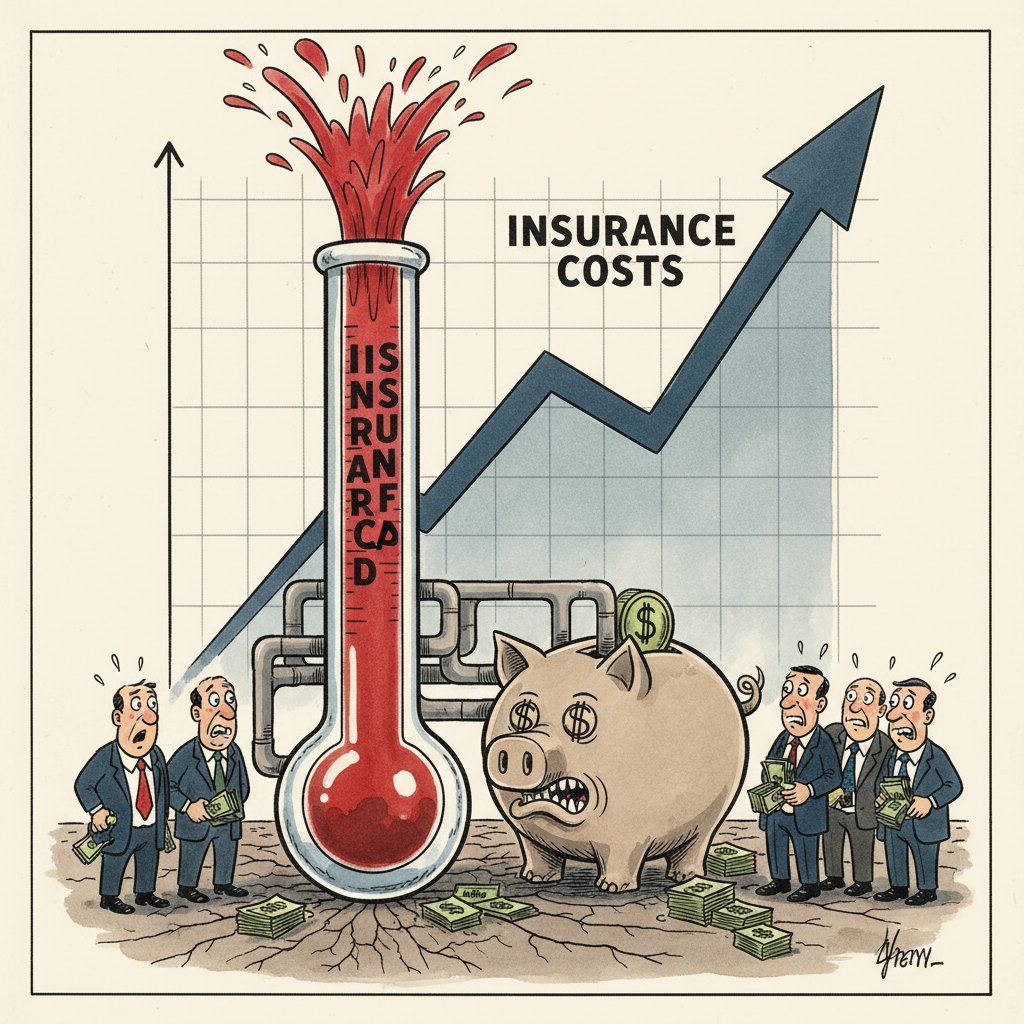A satirical political cartoon showing a thermometer labeled 'Insurance Fraud' rising while people pay higher insurance premiums, ink and watercolor style, editorial illustration, The Economist style