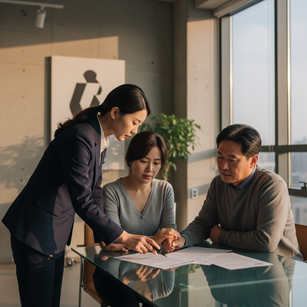 A real photograph of a Korean insurance agent explaining policy documents to a concerned middle-aged couple in a modern office, shot on Canon EOS R5, 85mm lens, shallow depth of field, natural lighting, 8k resolution, photojournalism