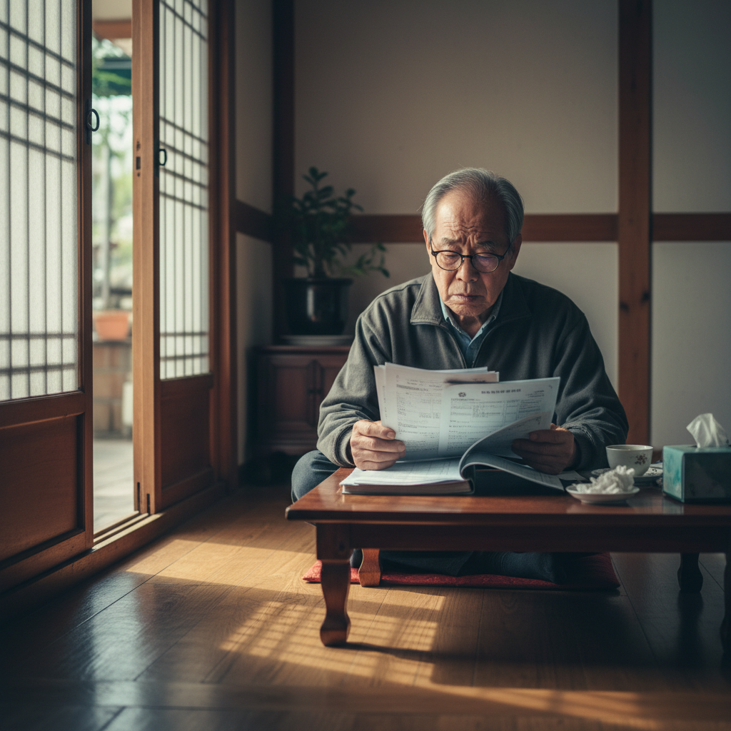 A documentary photograph of an elderly Korean person reviewing medical insurance documents at home with worried expression, shot on Fujifilm X-T5, 35mm lens, cinematic color grading, natural light, 8k, editorial photography