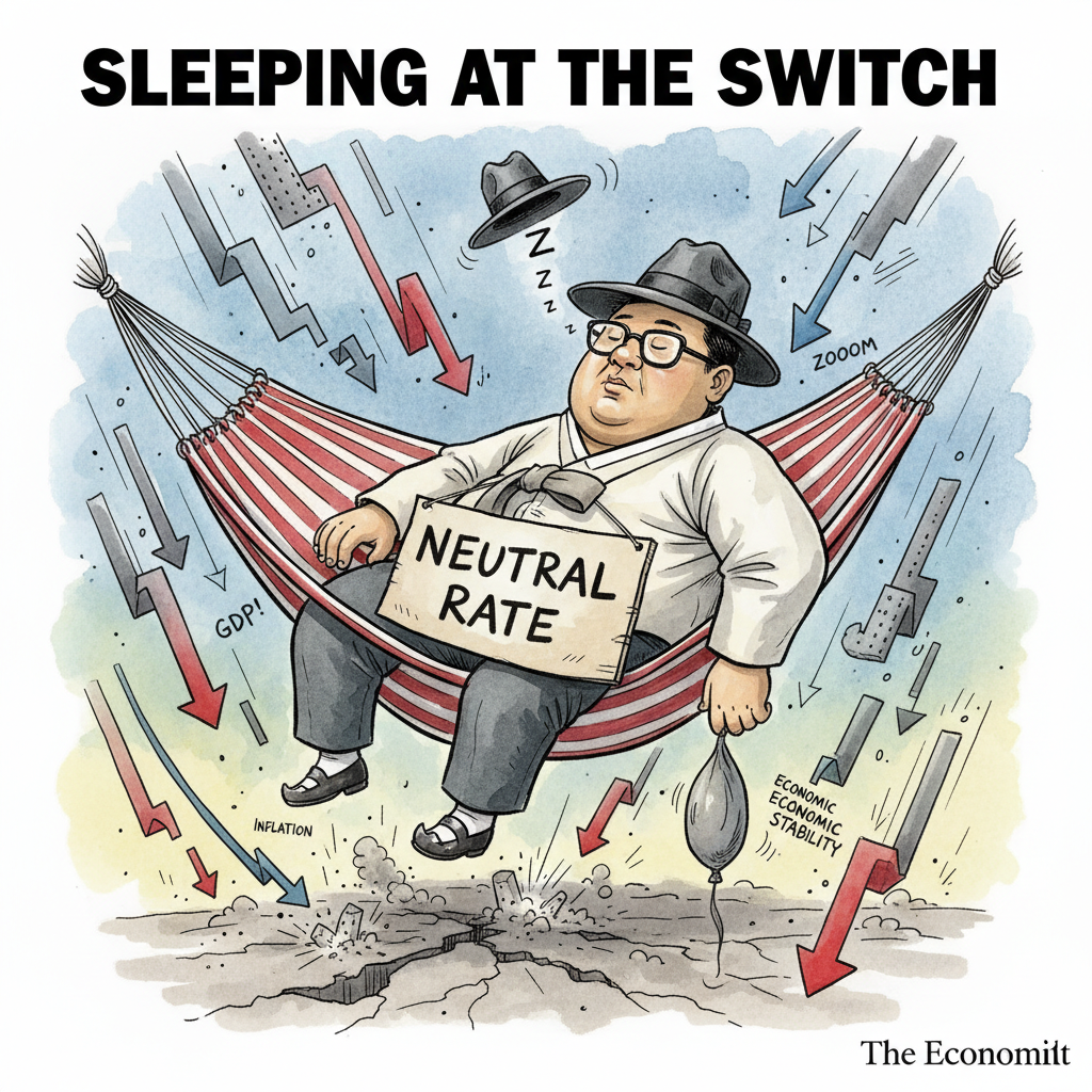 A satirical political cartoon showing a Korean central banker sleeping in a hammock labeled 'Neutral Rate' while economy charts crash around him, ink and watercolor style, editorial illustration, The Economist style
