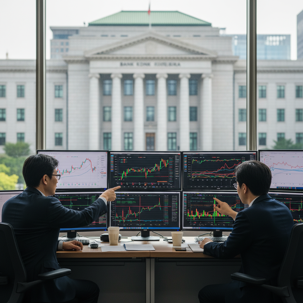 A real photograph of the Bank of Korea headquarters in Seoul with economists analyzing interest rate charts on multiple monitors, shot on Canon EOS R5, 85mm lens, shallow depth of field, natural lighting, 8k resolution, photojournalism