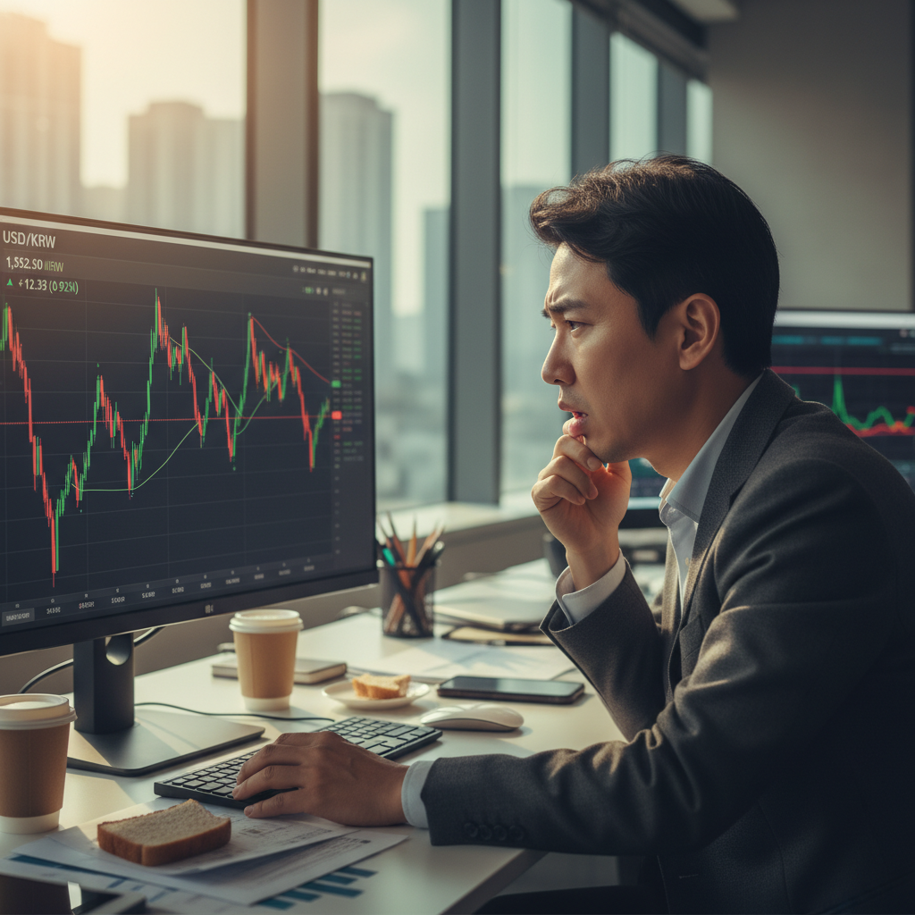 A documentary photograph of a Korean investor checking USD/KRW exchange rate on trading platform with concerned expression, shot on Fujifilm X-T5, 35mm lens, cinematic color grading, natural light, 8k, editorial photography