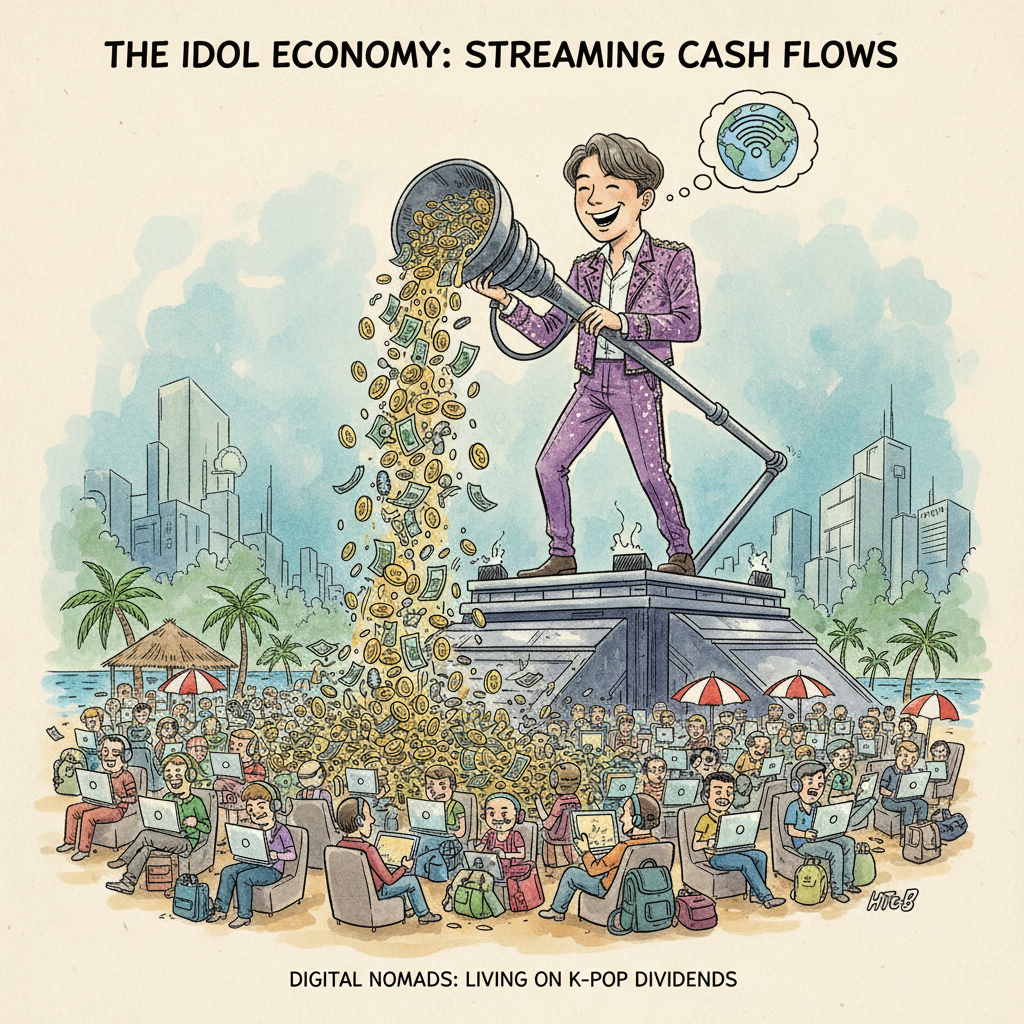 A satirical political cartoon showing a giant BTS member pouring money from a concert stage onto small digital nomads with laptops below, ink and watercolor style, editorial illustration, The Economist style