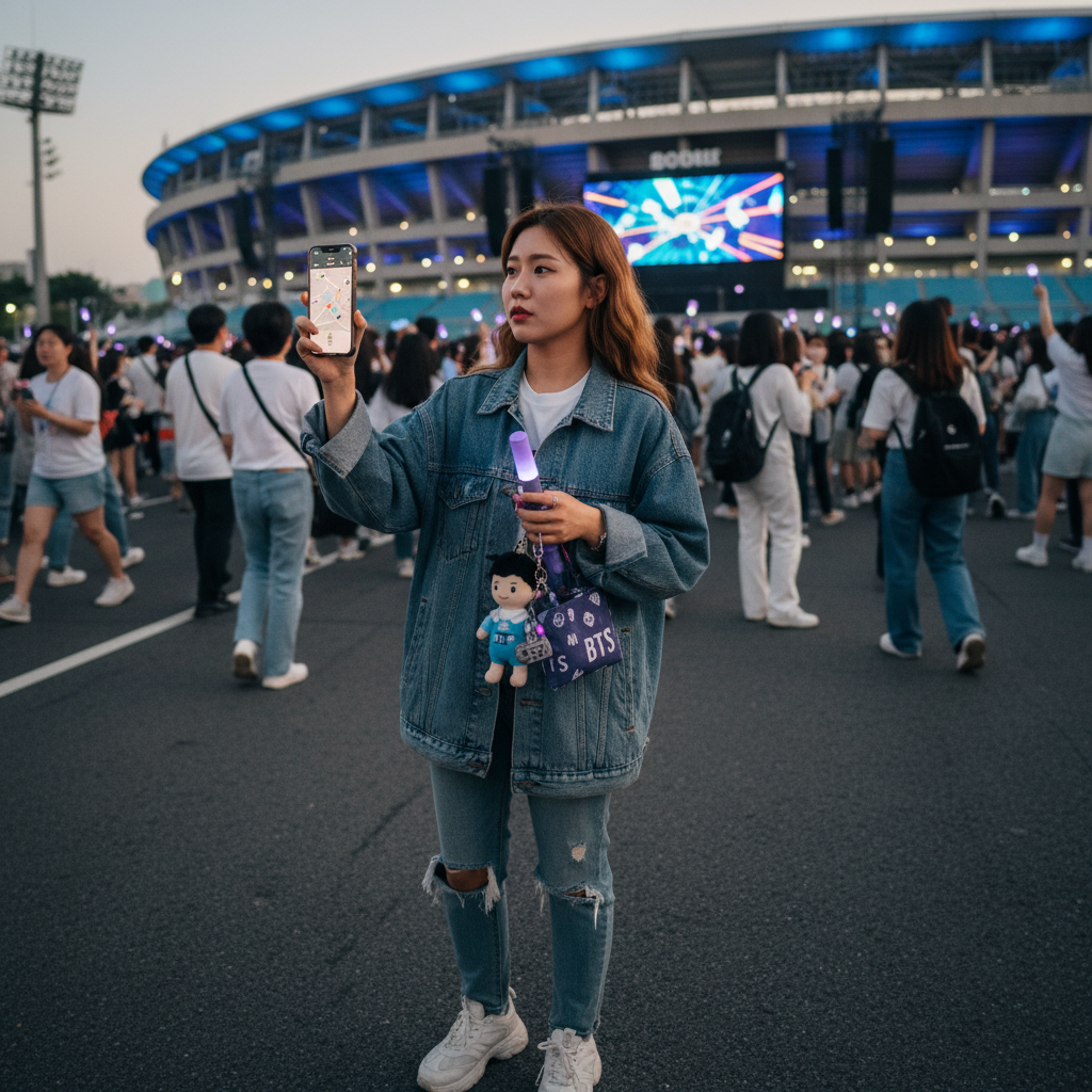 A real photograph of a young Japanese tourist using smartphone to navigate near Seoul Olympic Stadium during K-pop concert, looking at map with BTS merchandise in hand, shot on Canon EOS R5, 85mm lens, shallow depth of field, natural lighting, 8k resolution, photojournalism