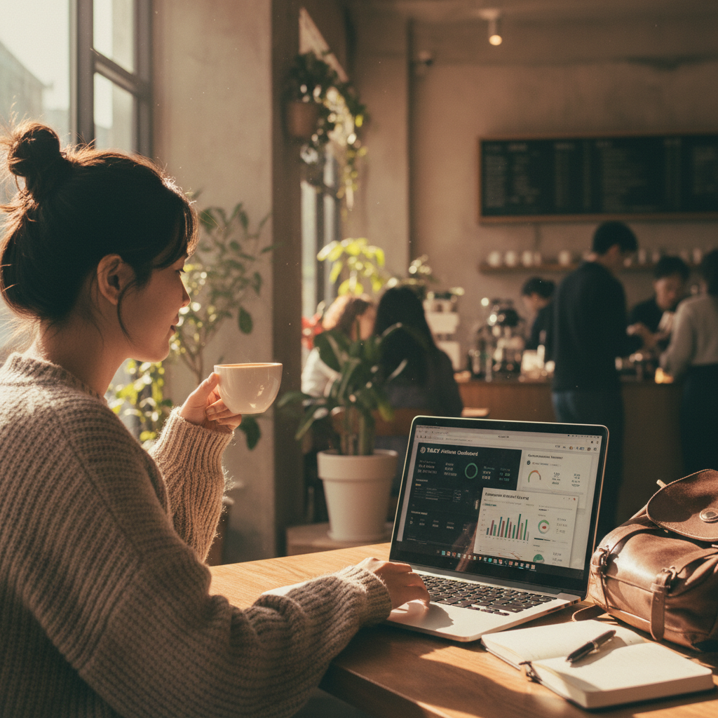 A documentary photograph of a digital nomad working on laptop showing Trazy affiliate dashboard and Japanese language blog analytics in a Seoul cafe, shot on Fujifilm X-T5, 35mm lens, cinematic color grading, natural light, 8k, editorial photography