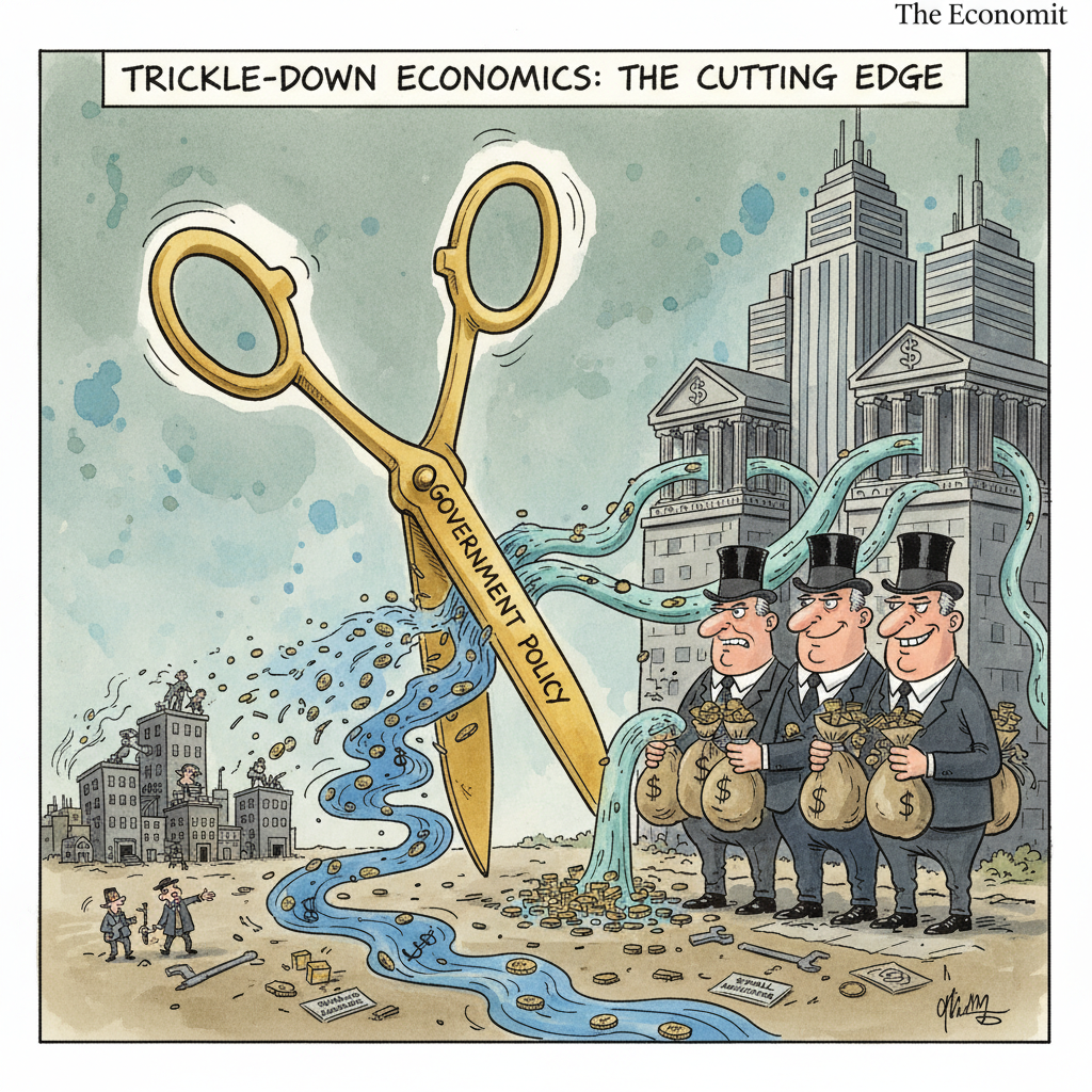 A satirical political cartoon showing a giant scissors cutting money flow to small construction companies while big developers collect cash from banks, ink and watercolor style, editorial illustration, The Economist style